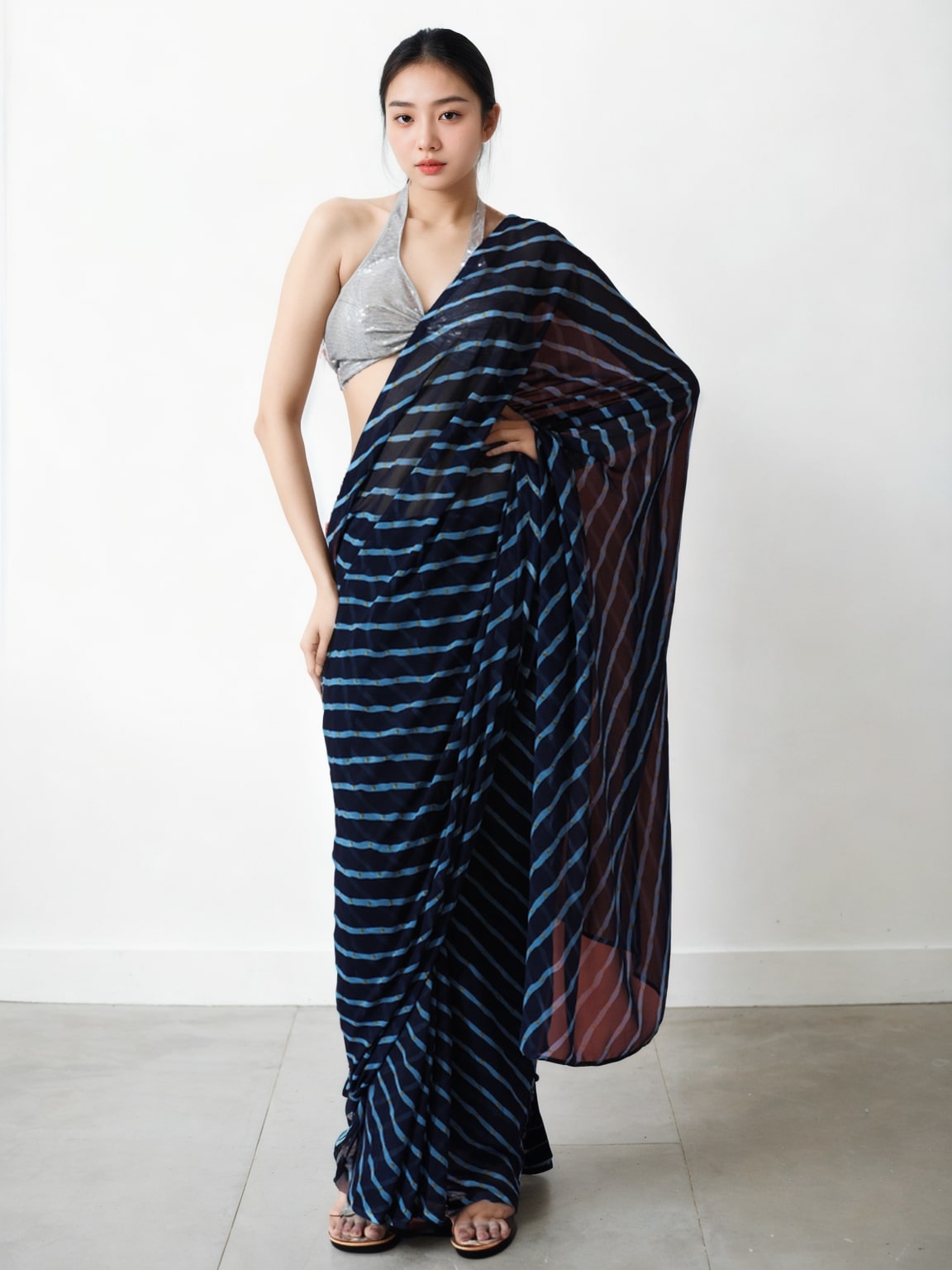 Dark blue marble chiffon ready-to-wear saree with matching printed design and unstitched blouse fabric