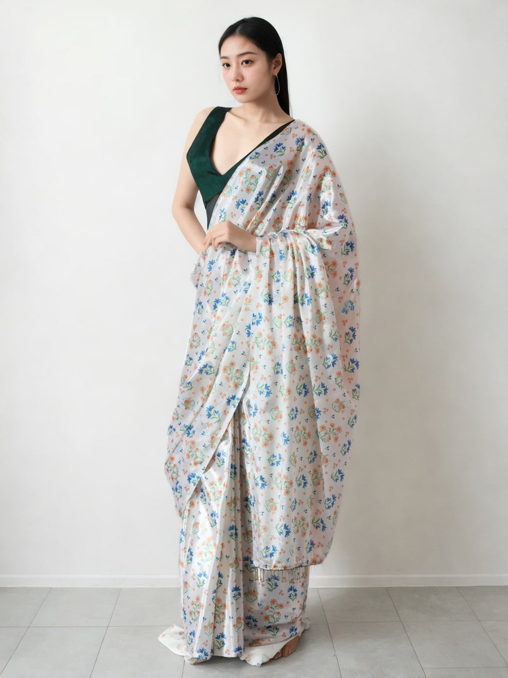 Multicolor Chinon Digital Printed Ready To Wear Saree with Blouse