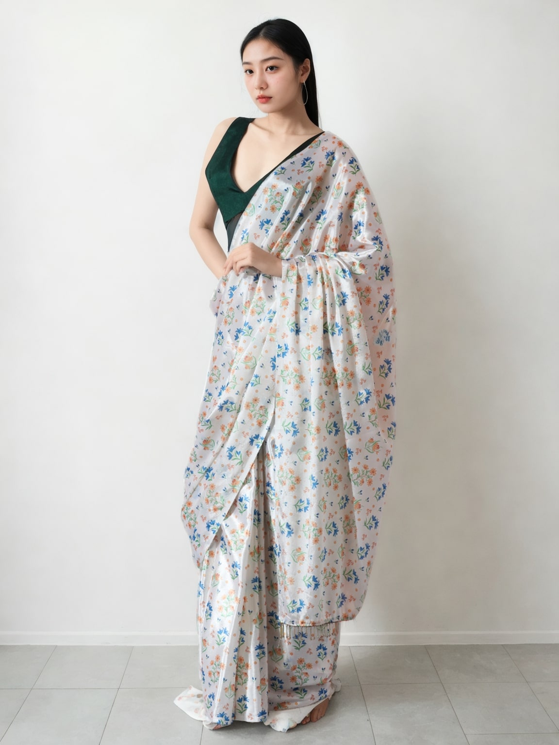 Multicolor Chinon Digital Printed Ready To Wear Saree with Blouse