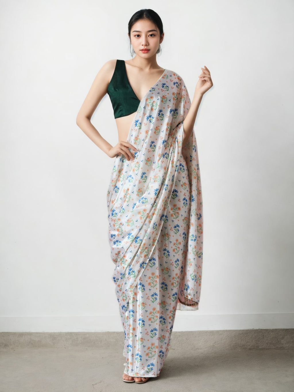 Multicolor Chinon digital printed ready to wear saree with lace border and unstitched blouse piece