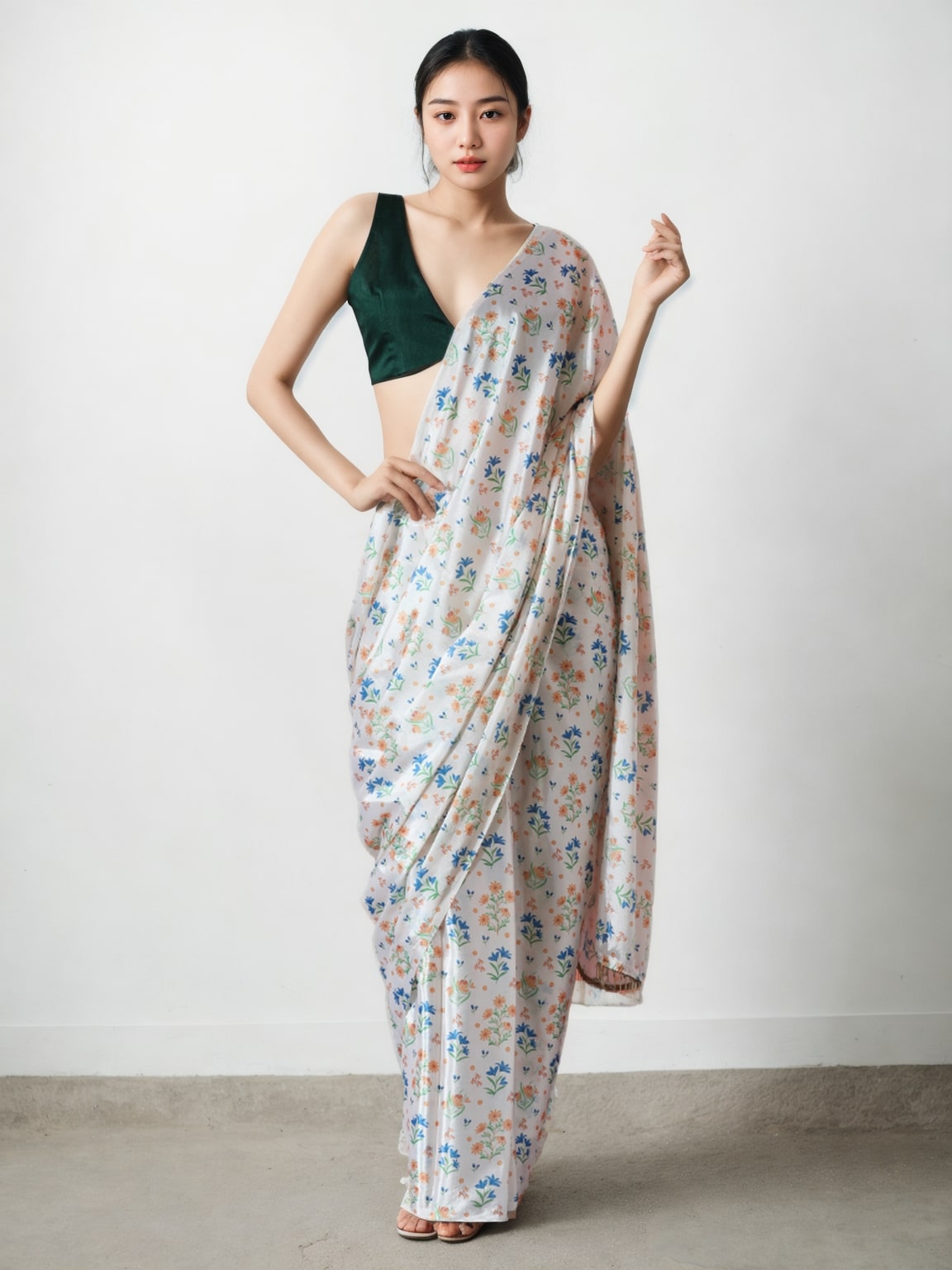 Multicolor Chinon digital printed ready to wear saree with lace border and unstitched blouse piece