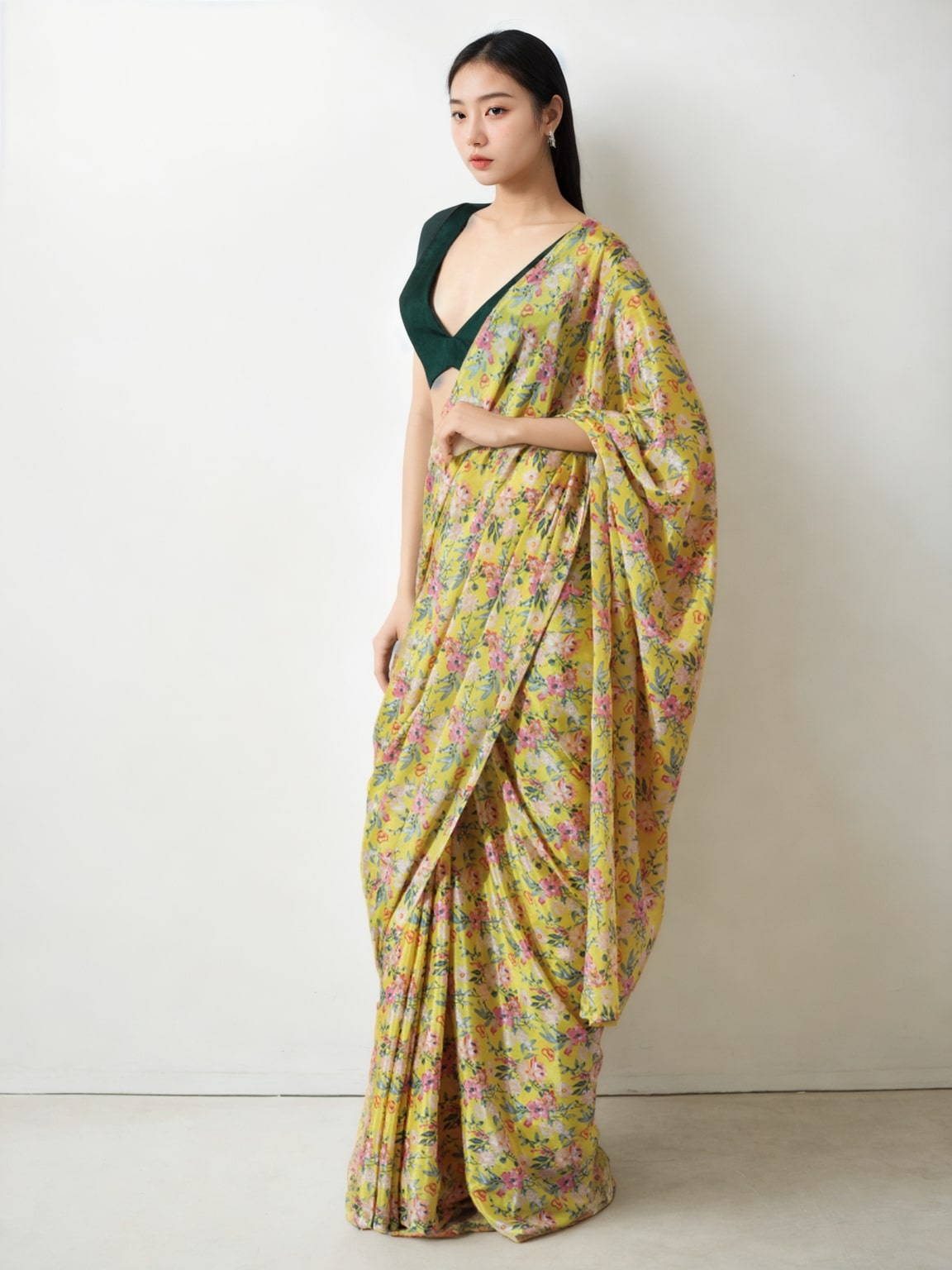 Mehendi Chinon Digital Printed Ready To Wear Saree with Blouse