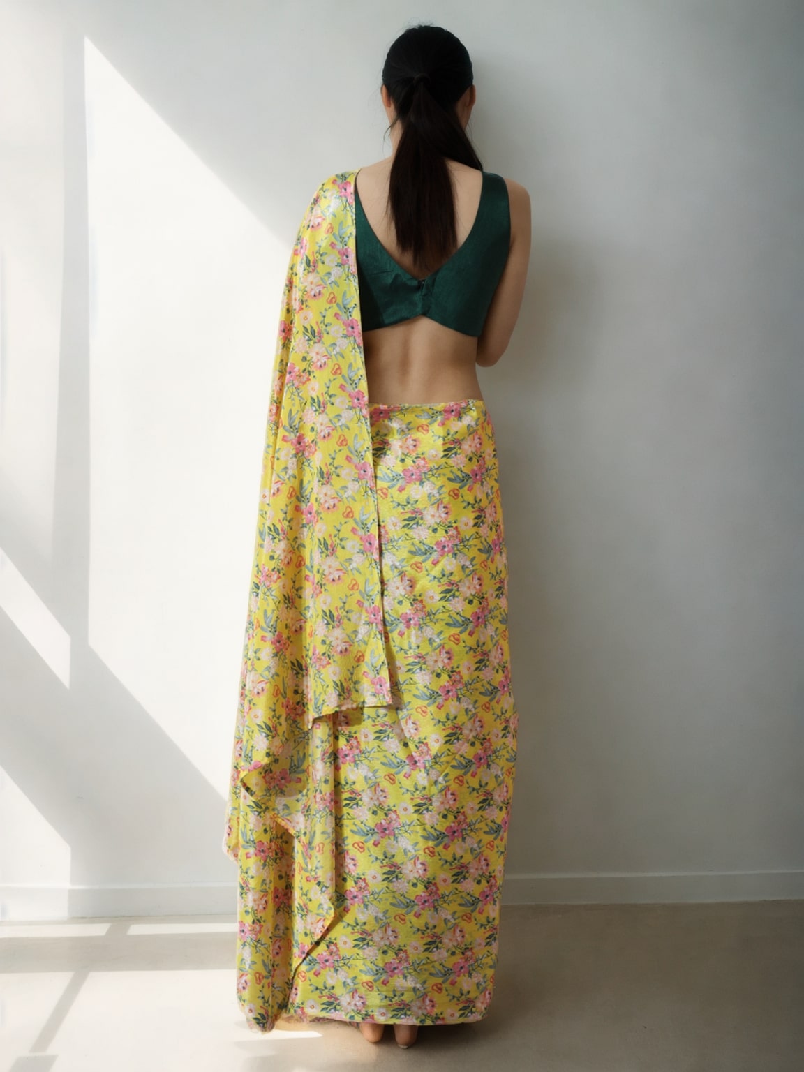 Mehendi Chinon Digital Printed Ready To Wear Saree with Blouse