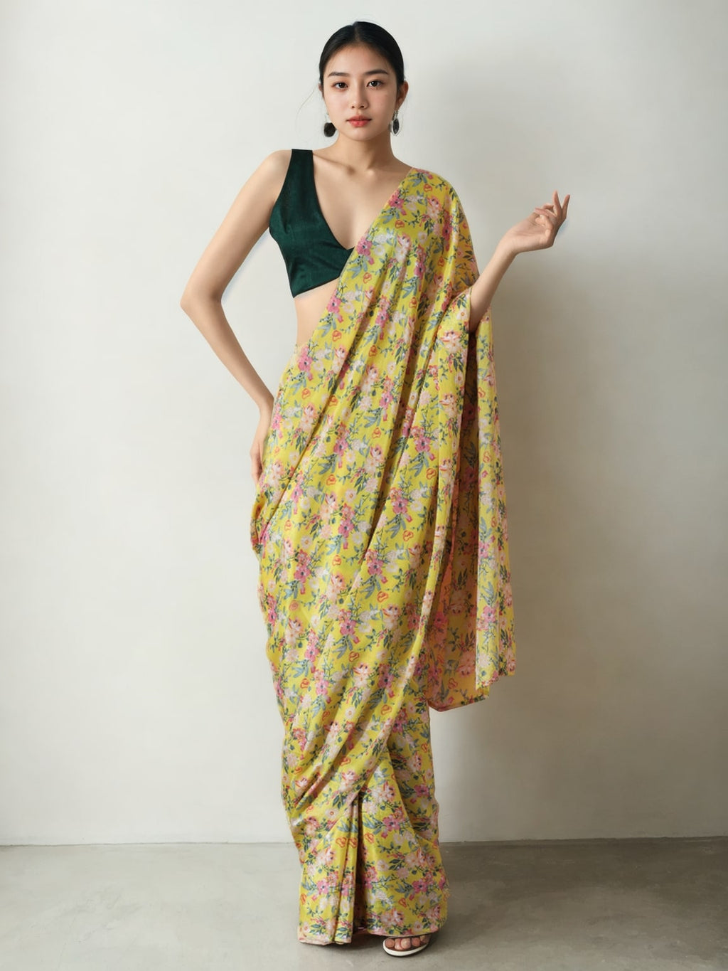 Mehendi colored Chinon ready-to-wear saree with digital print and lace border details