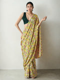 Mehendi colored Chinon ready-to-wear saree with digital print and lace border details