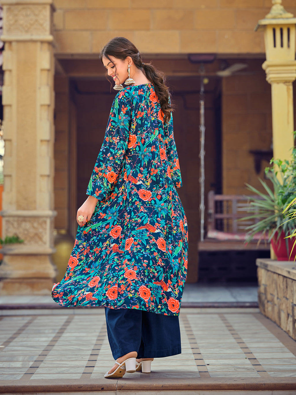 Jyoti Fashion Women's Teal Silk Print with Hand Work Indo Western Kurta Set
