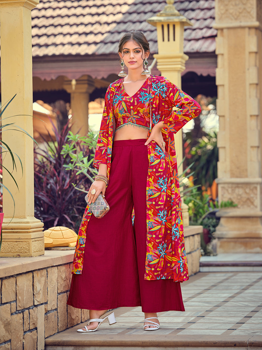 Pink silk Indo-Western kurta featuring artisanal handwork and 3/4 sleeves