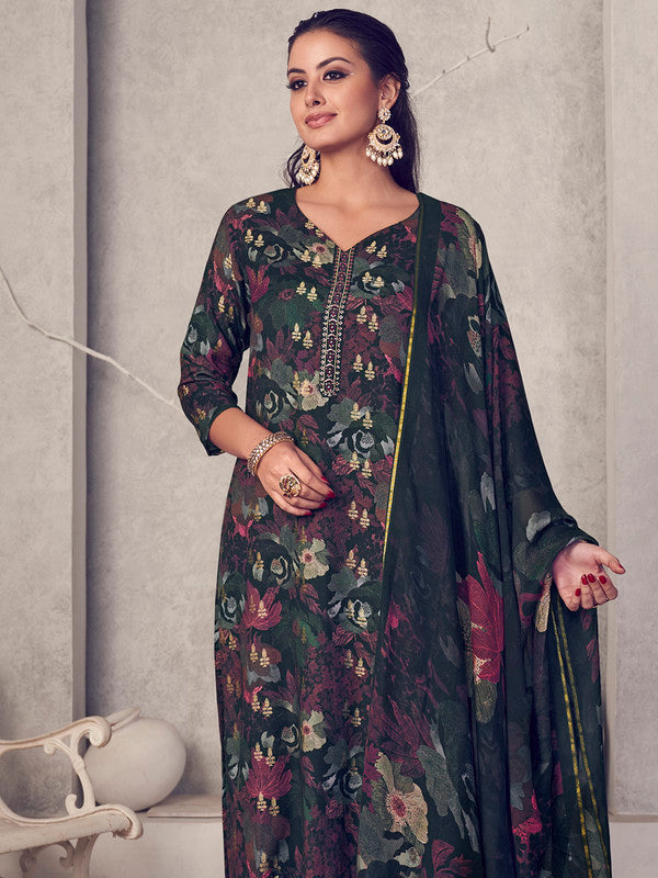 Jyoti Fashion Women's Black Pure Pashmina Digital Print with Jacquard Woven Kurta with Trouser & Dupatta