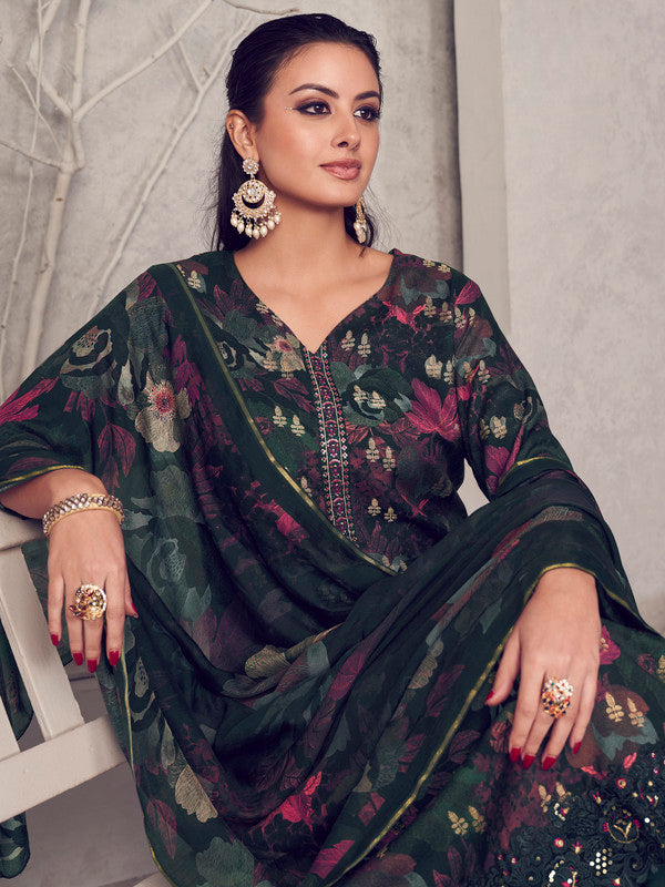 Jyoti Fashion Women's Black Pure Pashmina Digital Print with Jacquard Woven Kurta with Trouser & Dupatta