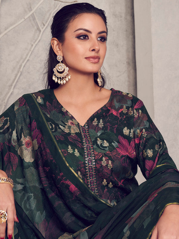 Jyoti Fashion Women's Black Pure Pashmina Digital Print with Jacquard Woven Kurta with Trouser & Dupatta