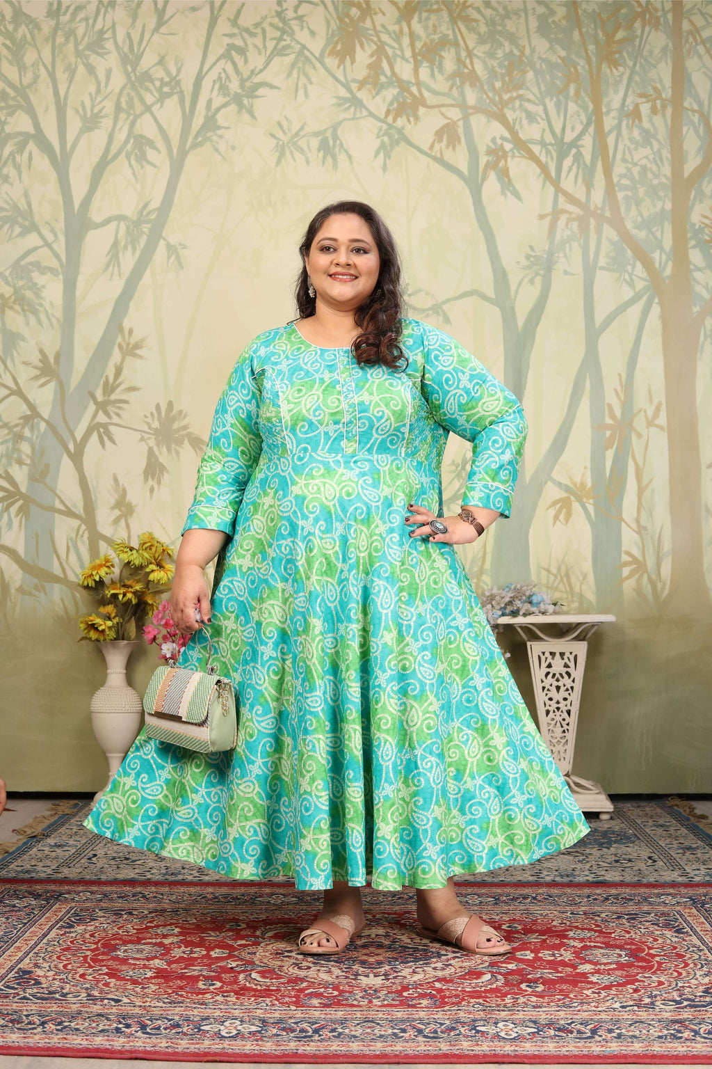 Sky Blue Rayon Floral Print Anarkali Set with Sequins