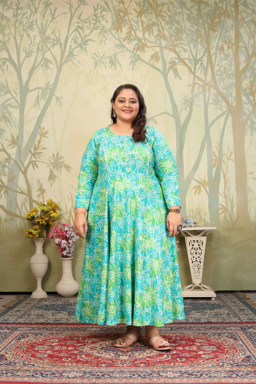 Sky blue rayon Anarkali with floral print and sequin embellishments