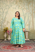 Sky blue rayon Anarkali with floral print and sequin embellishments