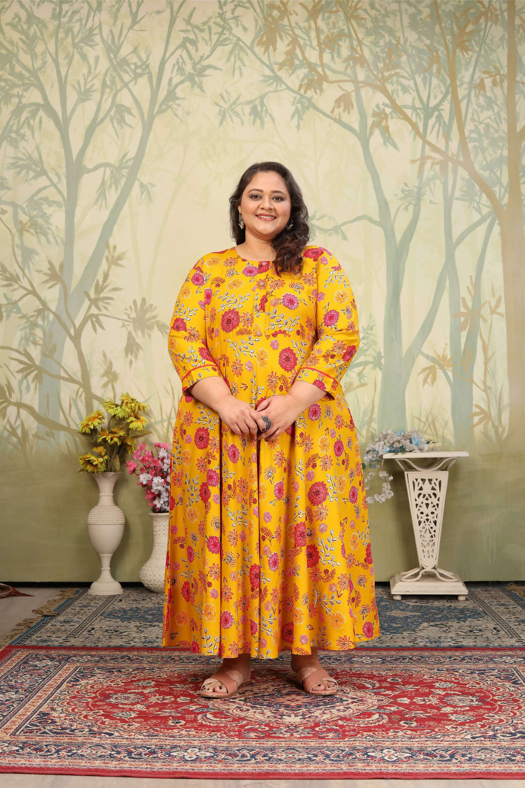 Yellow Rayon Floral Print Anarkali Set with Sequins