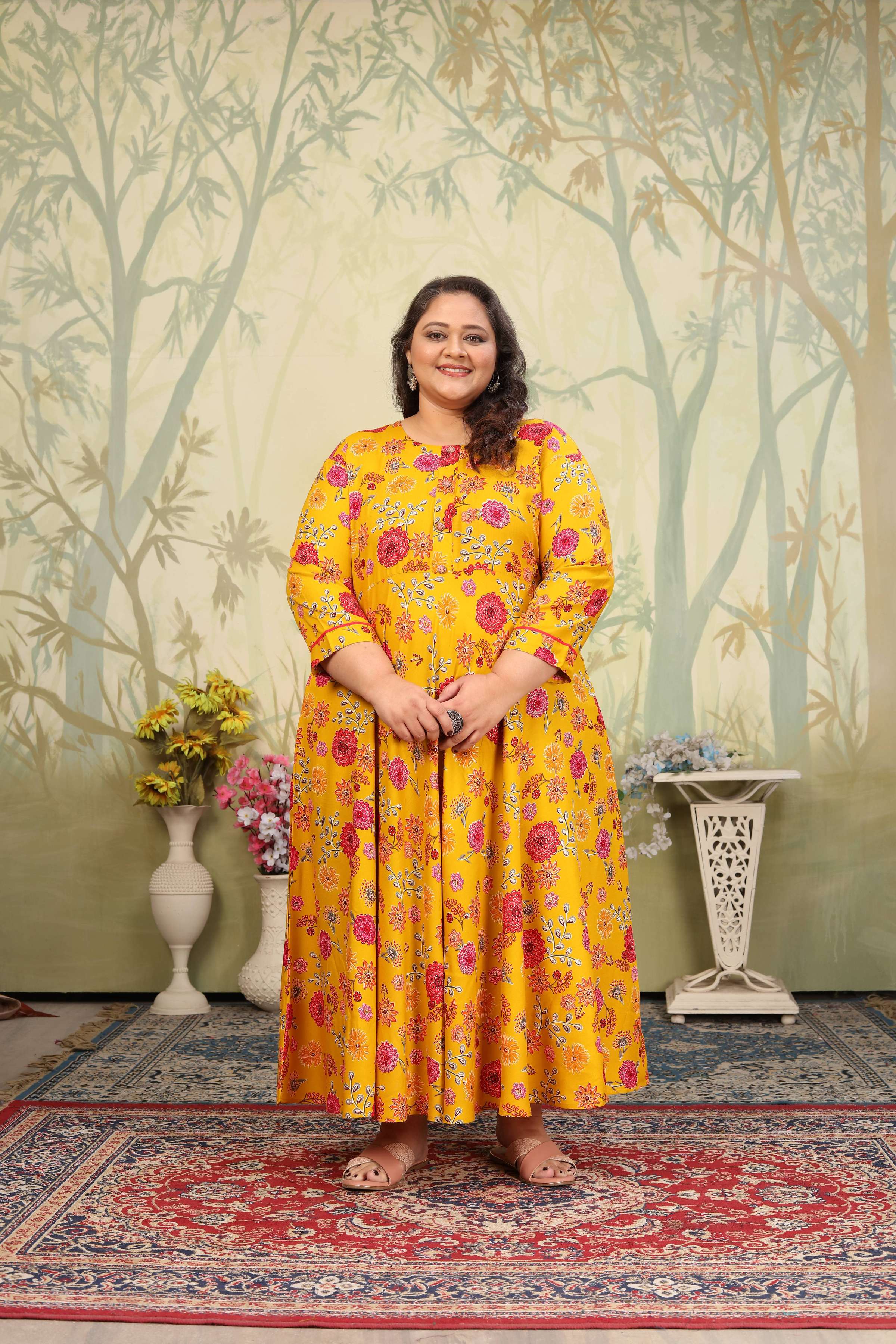 Yellow Rayon Floral Print Anarkali Set with Sequins