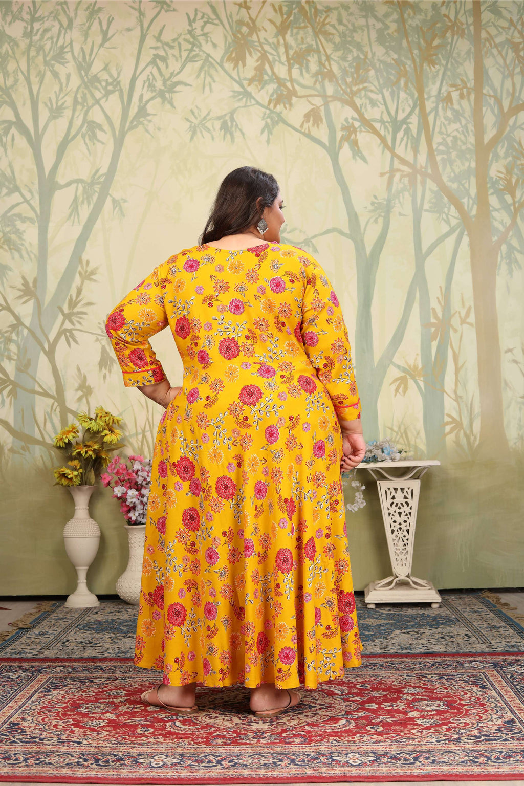 Yellow Rayon Floral Print Anarkali Set with Sequins