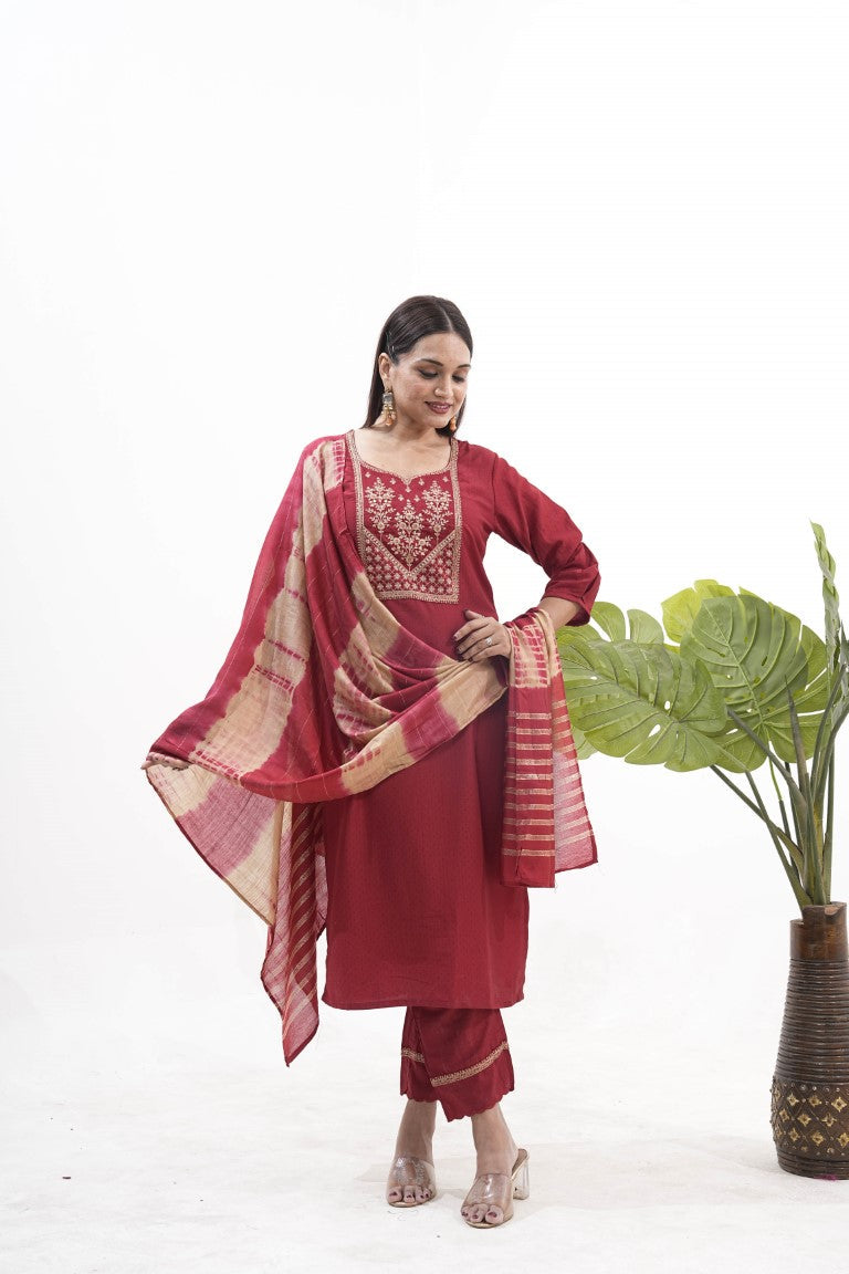 Women's Purple Roman Silk Sequins Embroidered Straight Kurta Set