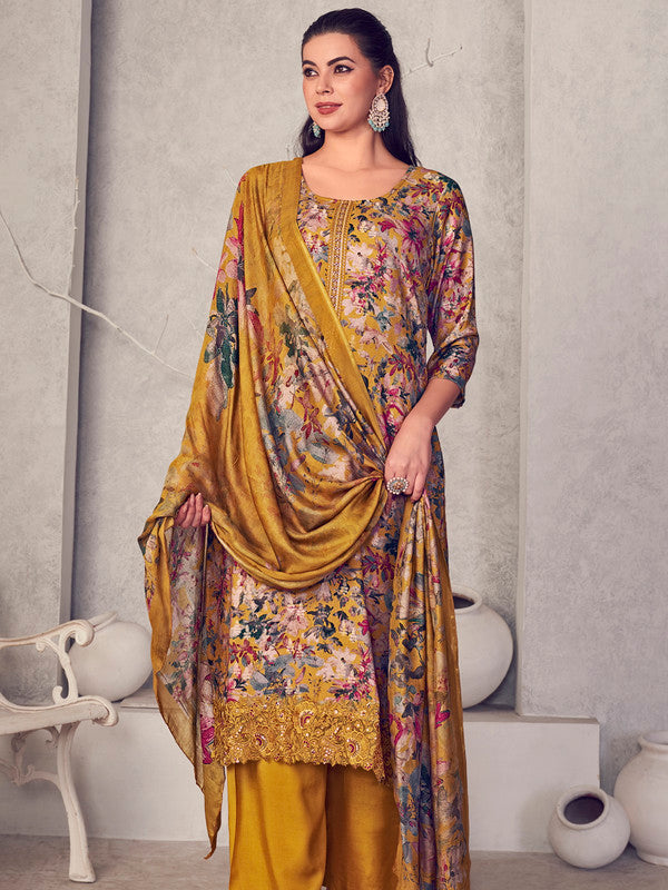 Mustard Pure Pashmina Straight Kurta Set with Digital Print & Jacquard