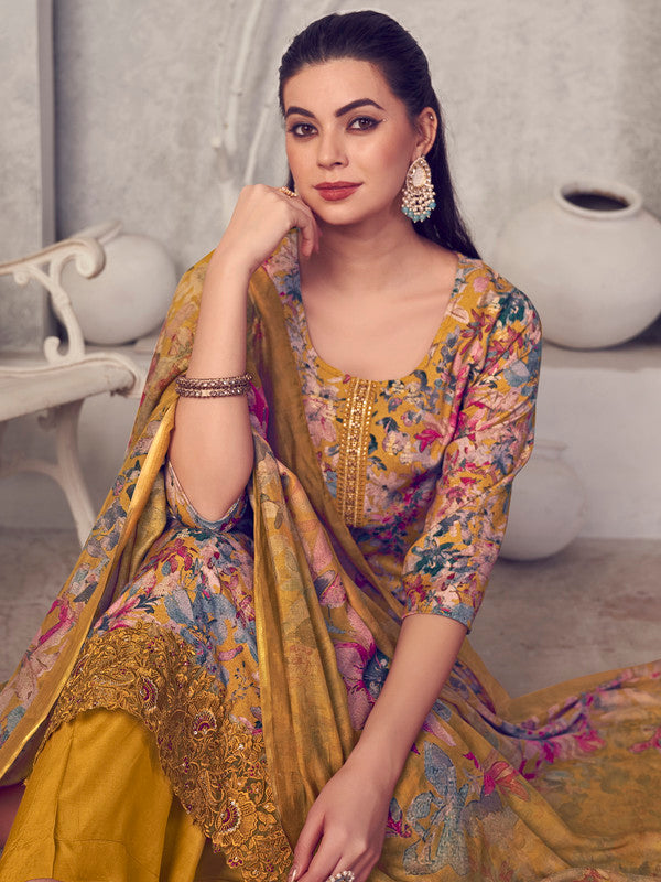 Mustard Pure Pashmina Straight Kurta Set with Digital Print & Jacquard