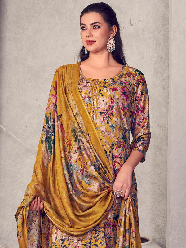 Mustard Pure Pashmina Straight Kurta Set with Digital Print & Jacquard