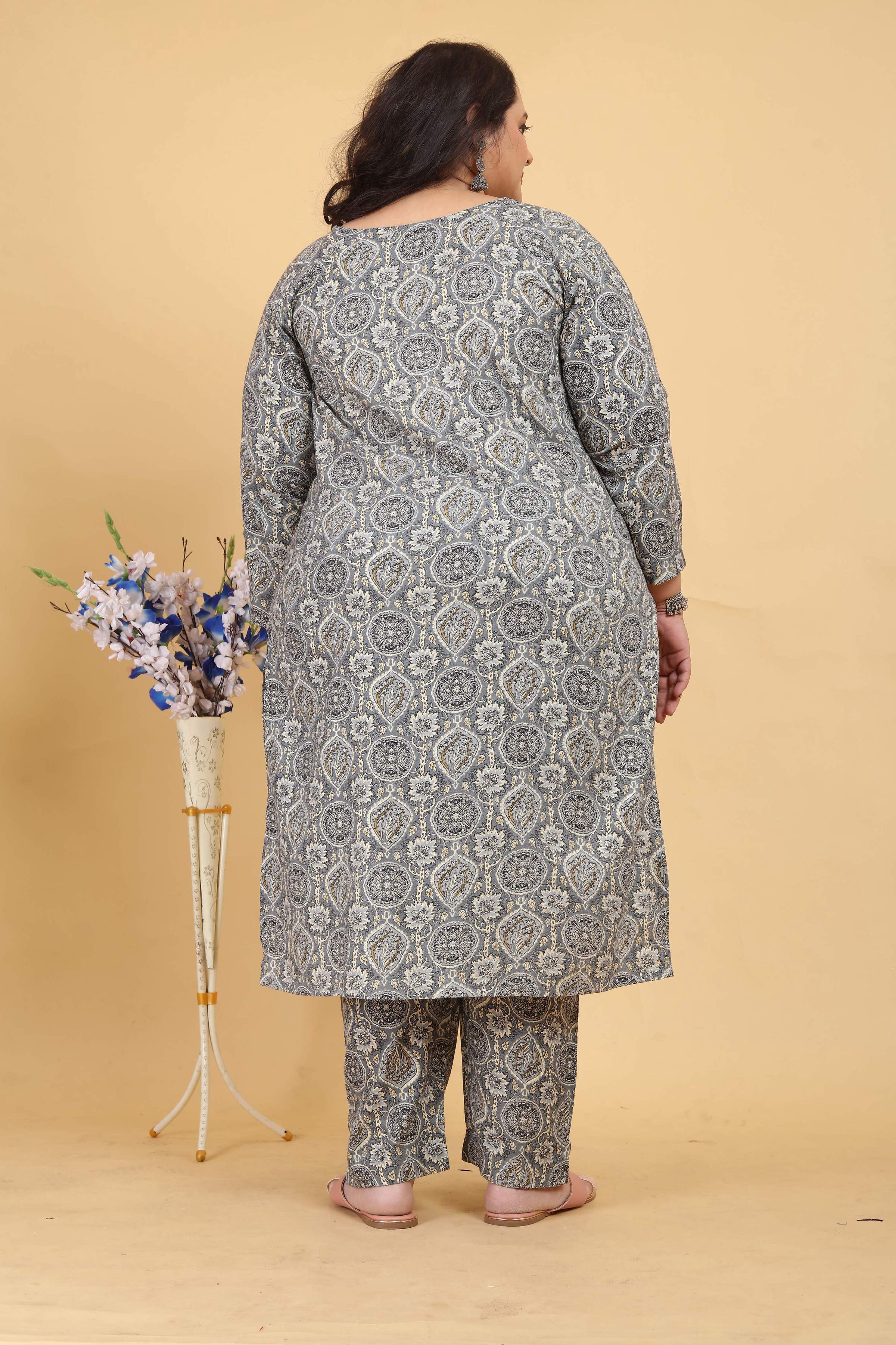 Grey Digital Print Straight Kurta Set with Handwork