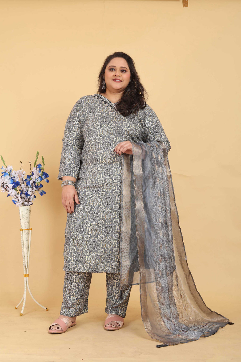Grey rayon straight kurta with digital print and handwork detailing
