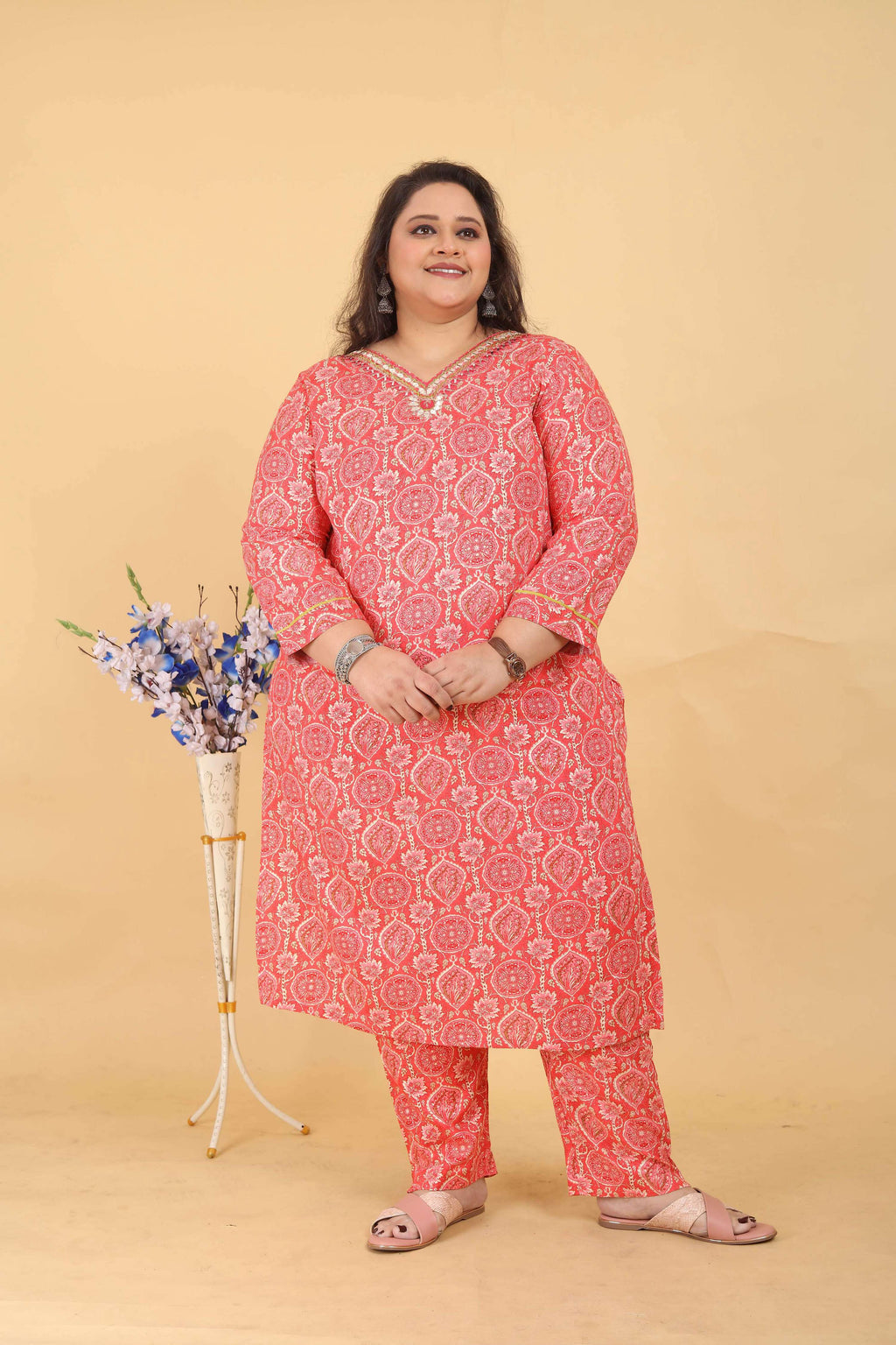 Women's Pink Rayon Digital Print Kurta Set with Handwork