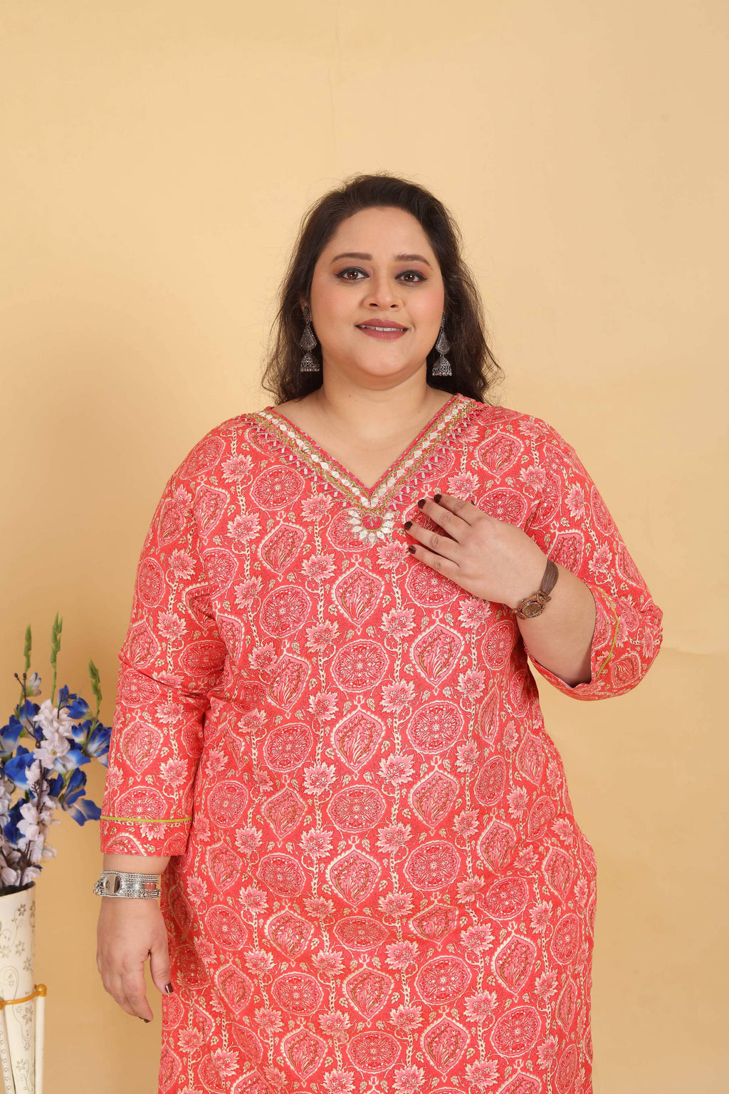 Women's Pink Rayon Digital Print Kurta Set with Handwork