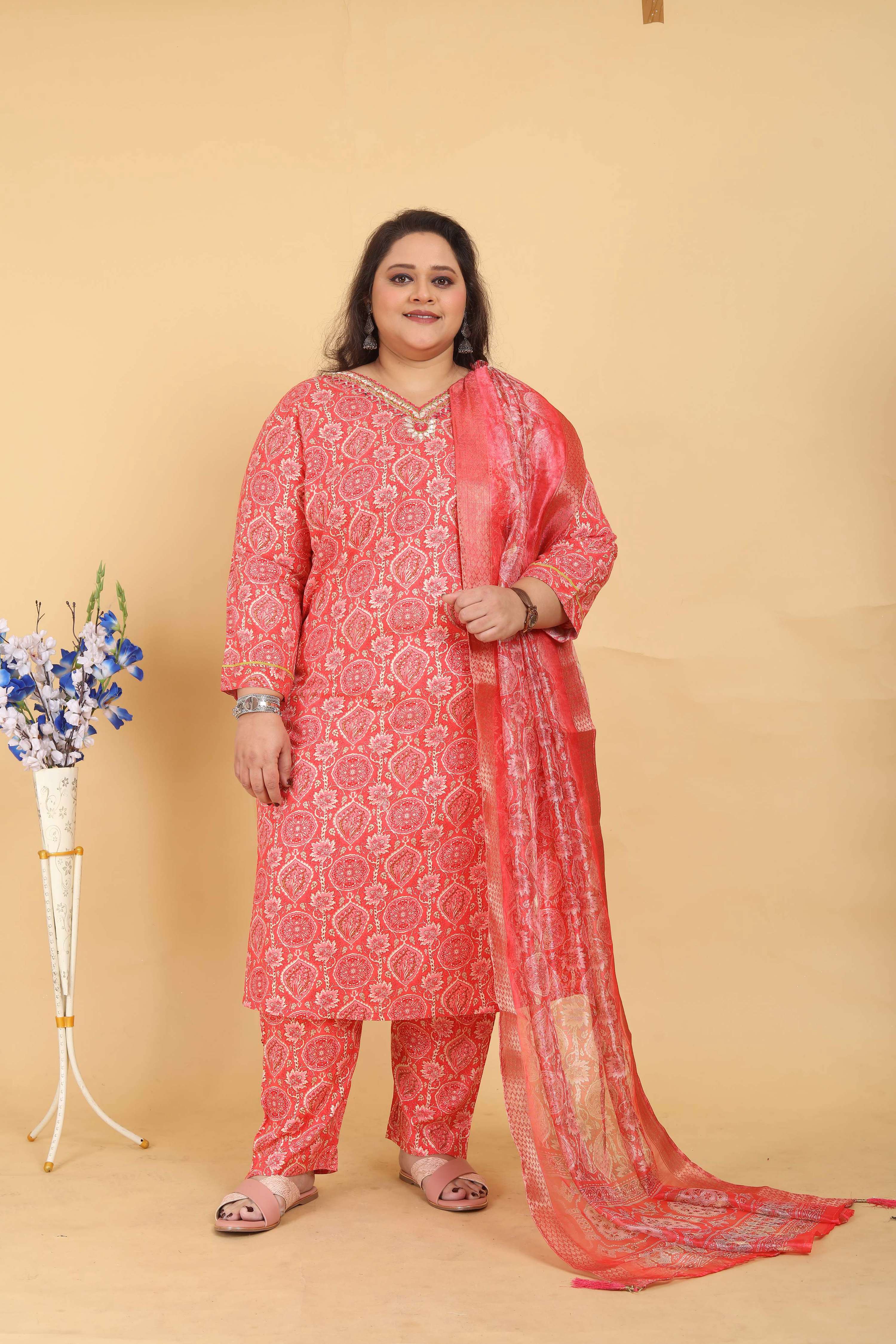 Pink rayon kurta set with digital print and handwork detailing
