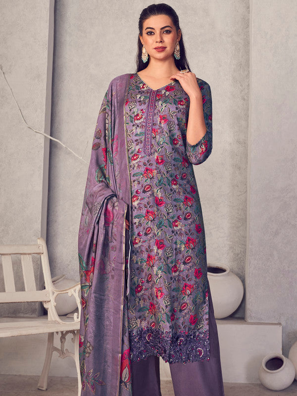 Women's Purple Pure Pashmina Digital Print Jacquard Kurta Set