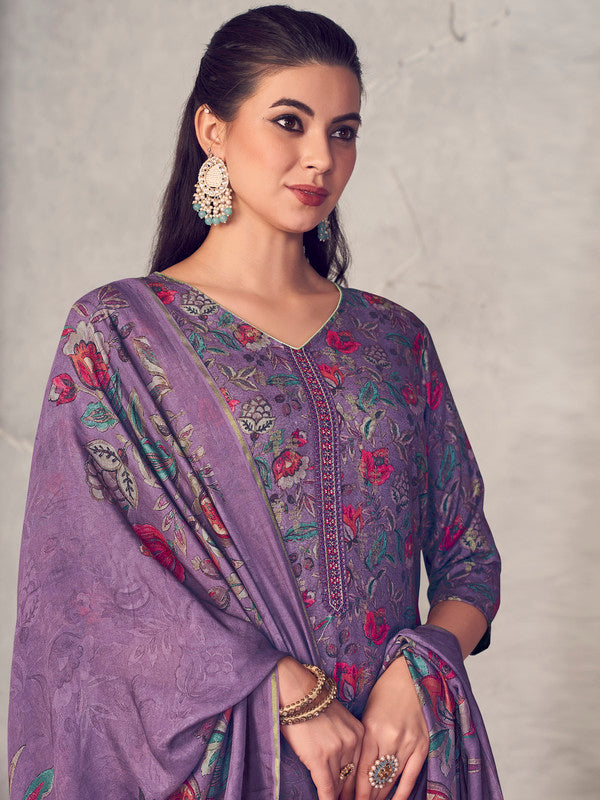 Women's Purple Pure Pashmina Digital Print Jacquard Kurta Set