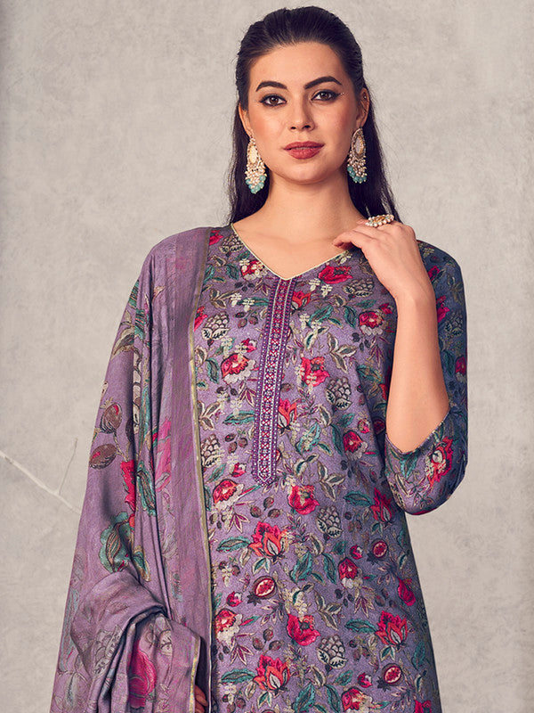 Women's Purple Pure Pashmina Digital Print Jacquard Kurta Set
