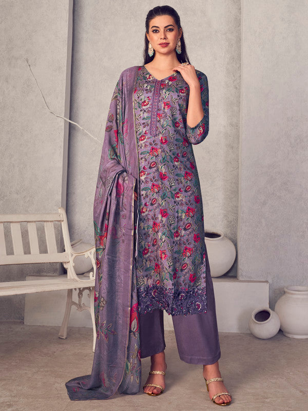 Women's Purple Pure Pashmina Digital Print Jacquard Woven Kurta with Palazzo Pants
