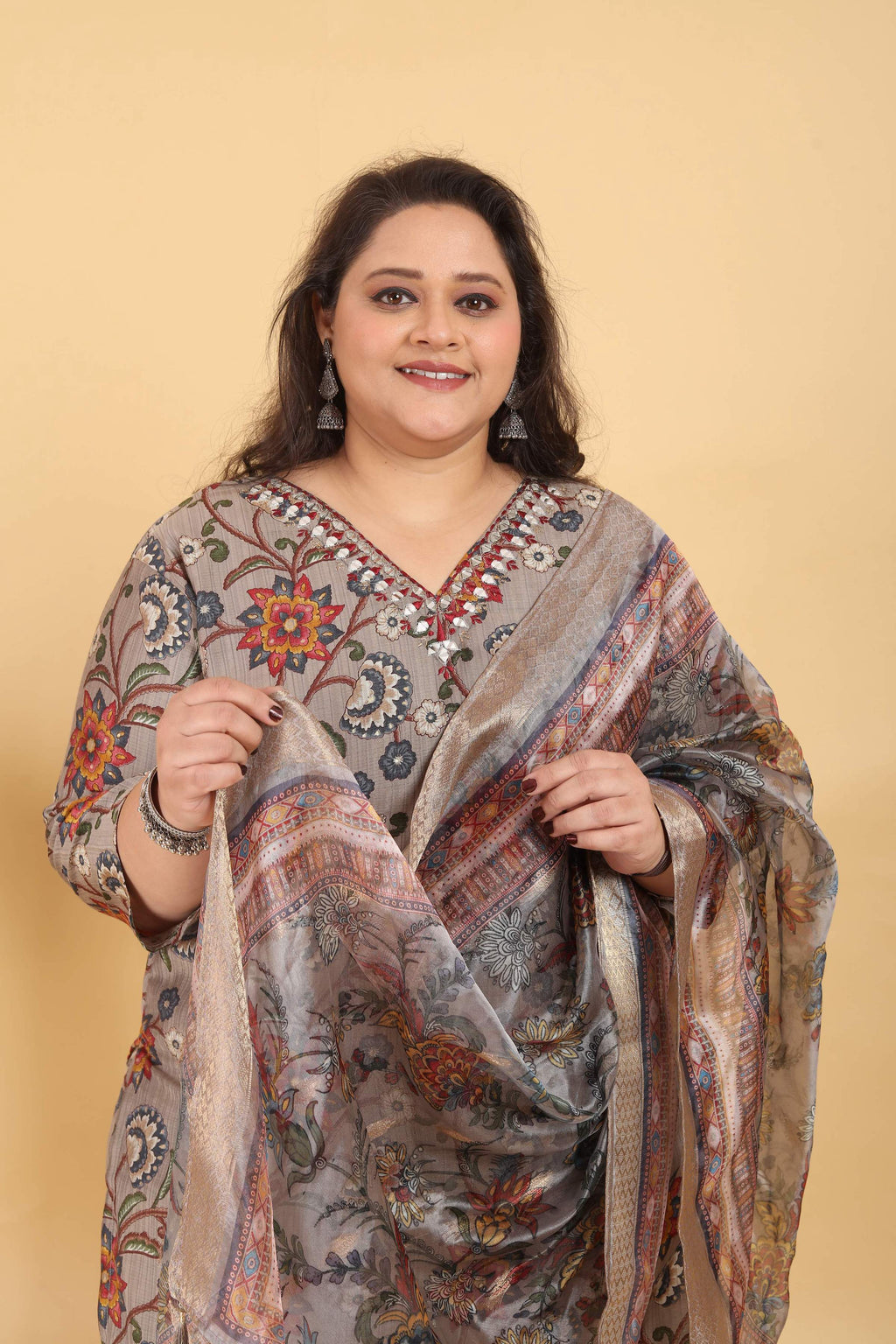 Grey Lichi Viscose Digital Print Kurta Set with Handwork