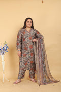 Grey Lichi Viscose straight kurta set with digital print and handwork