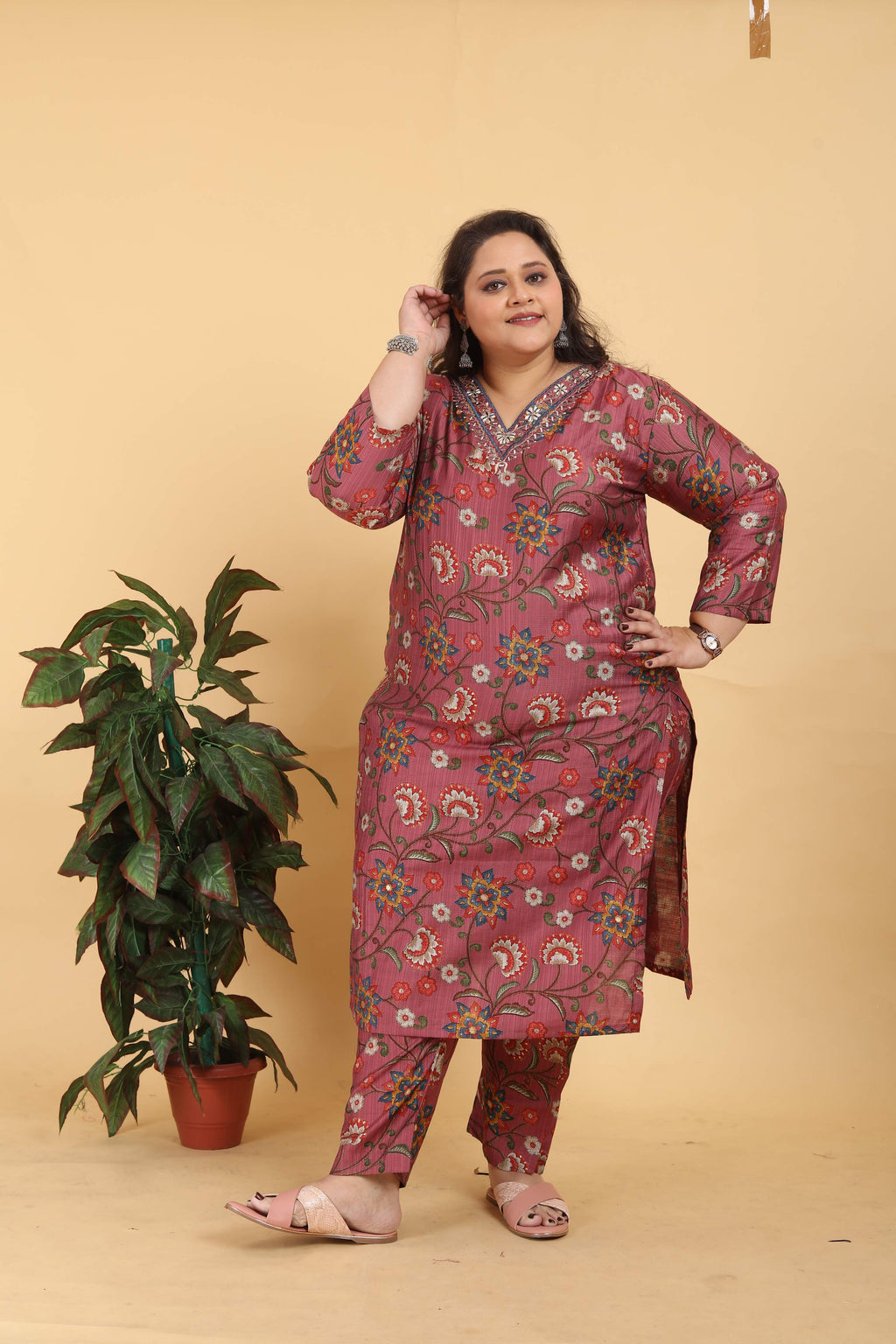 Women's Brown Lichi Viscose Digital Print Handwork Kurta Set