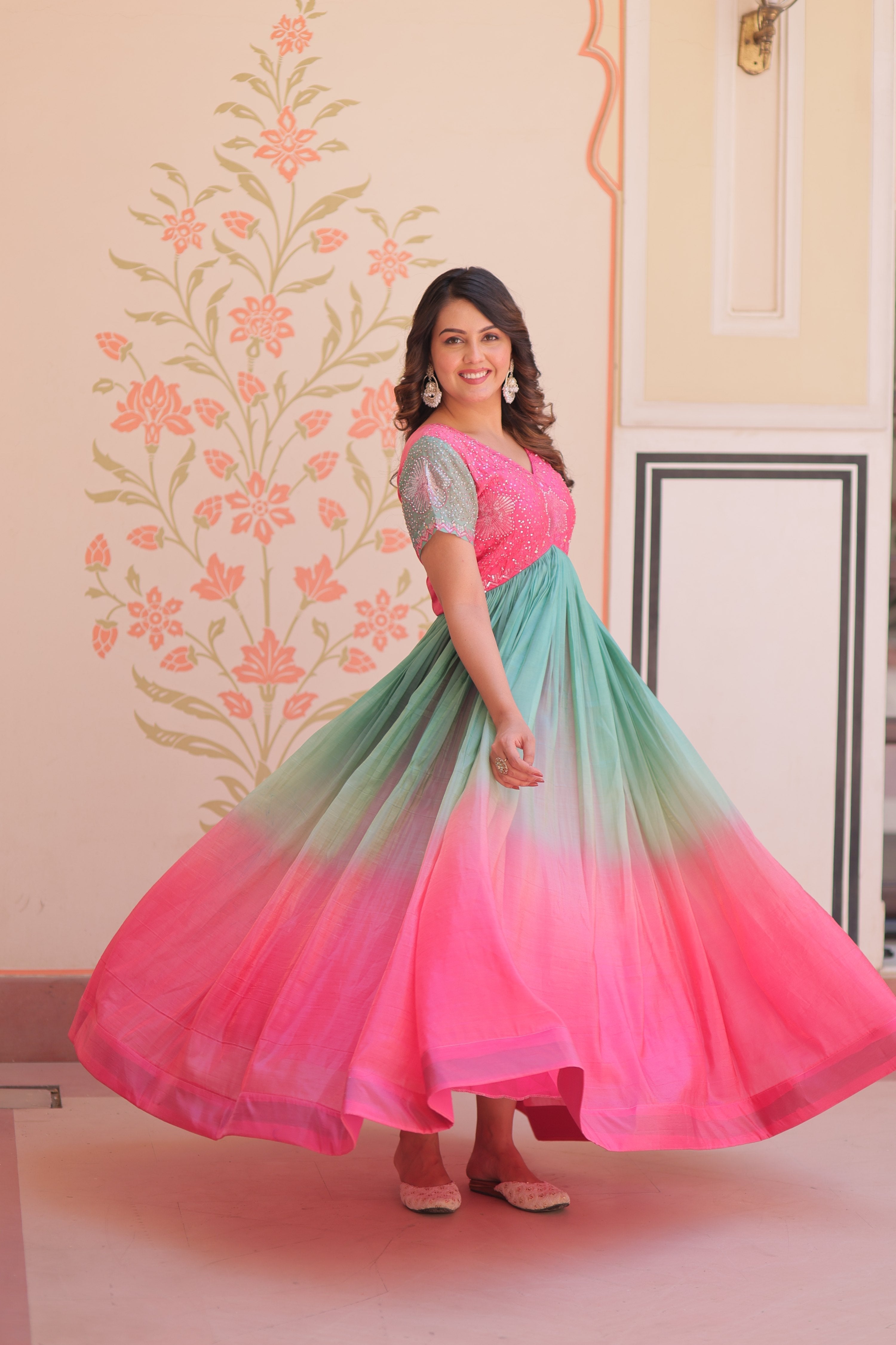 Pink Gold Crush Embroidered Anarkali Set with V-Neck and Flair
