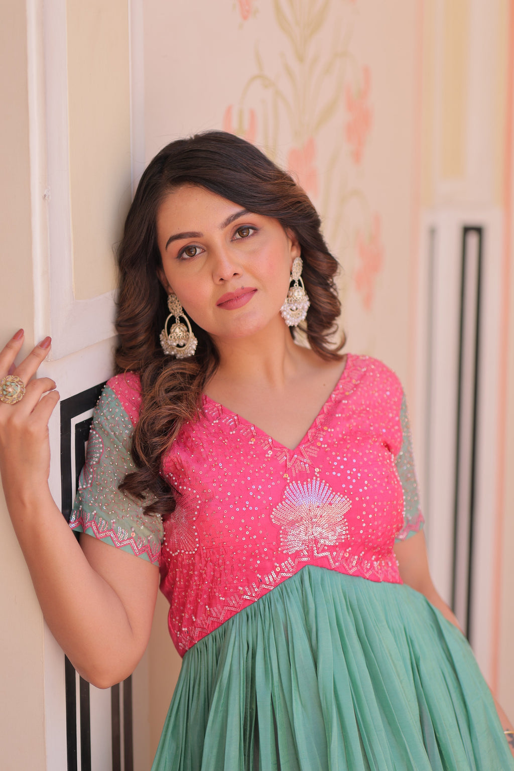 Pink Gold Crush Embroidered Anarkali Set with V-Neck and Flair