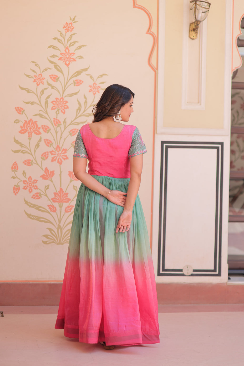 Pink Gold Crush Embroidered Anarkali Set with V-Neck and Flair