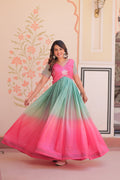 Jyoti Fashion Pink Gold Crush embroidered Anarkali set with V-neckline and full flair
