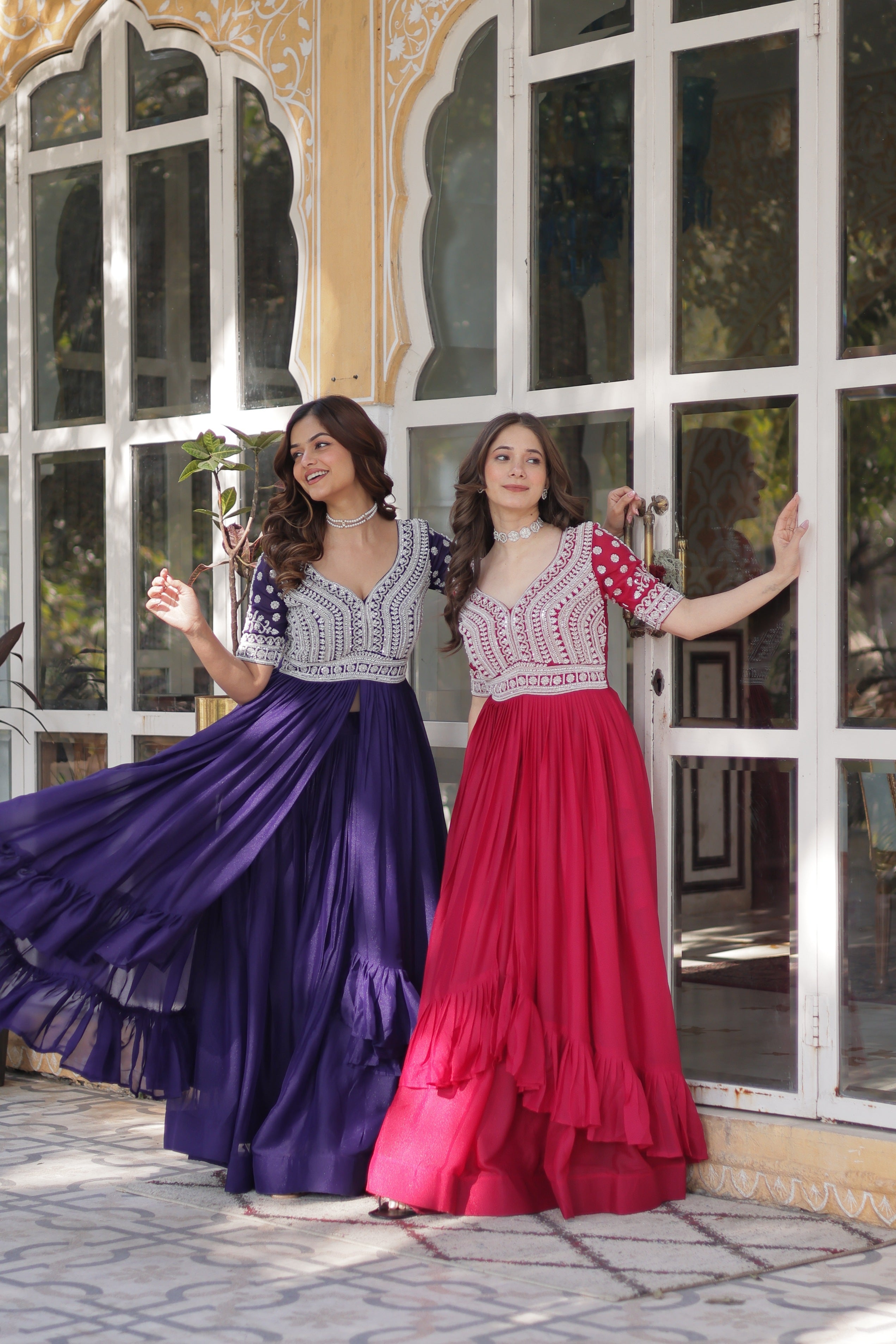 Purple and Pink Star Georgette Anarkali Set with Bottom