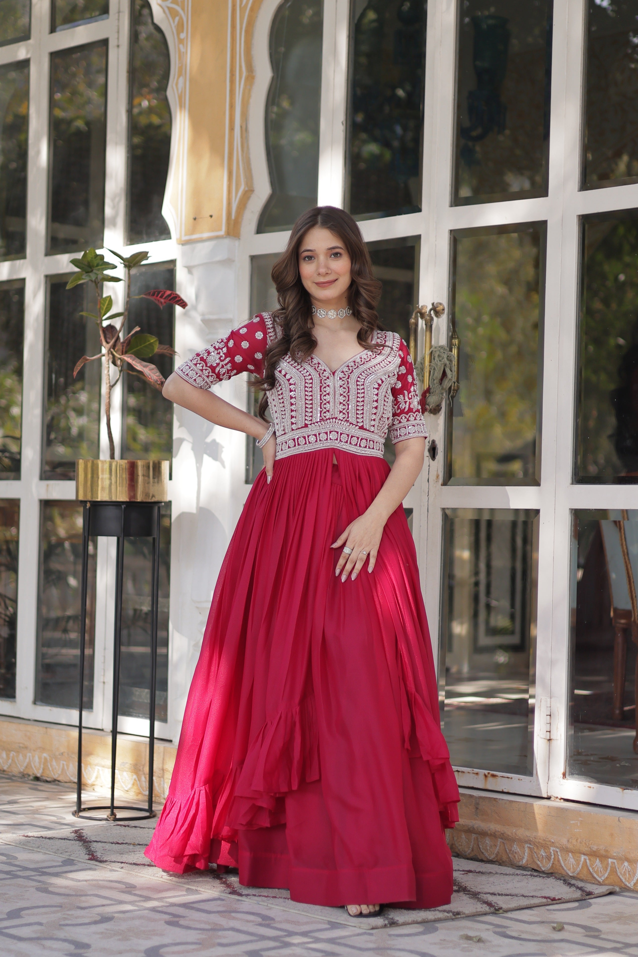 Pink Star Georgette Embroidered Anarkali Set with Center Slit