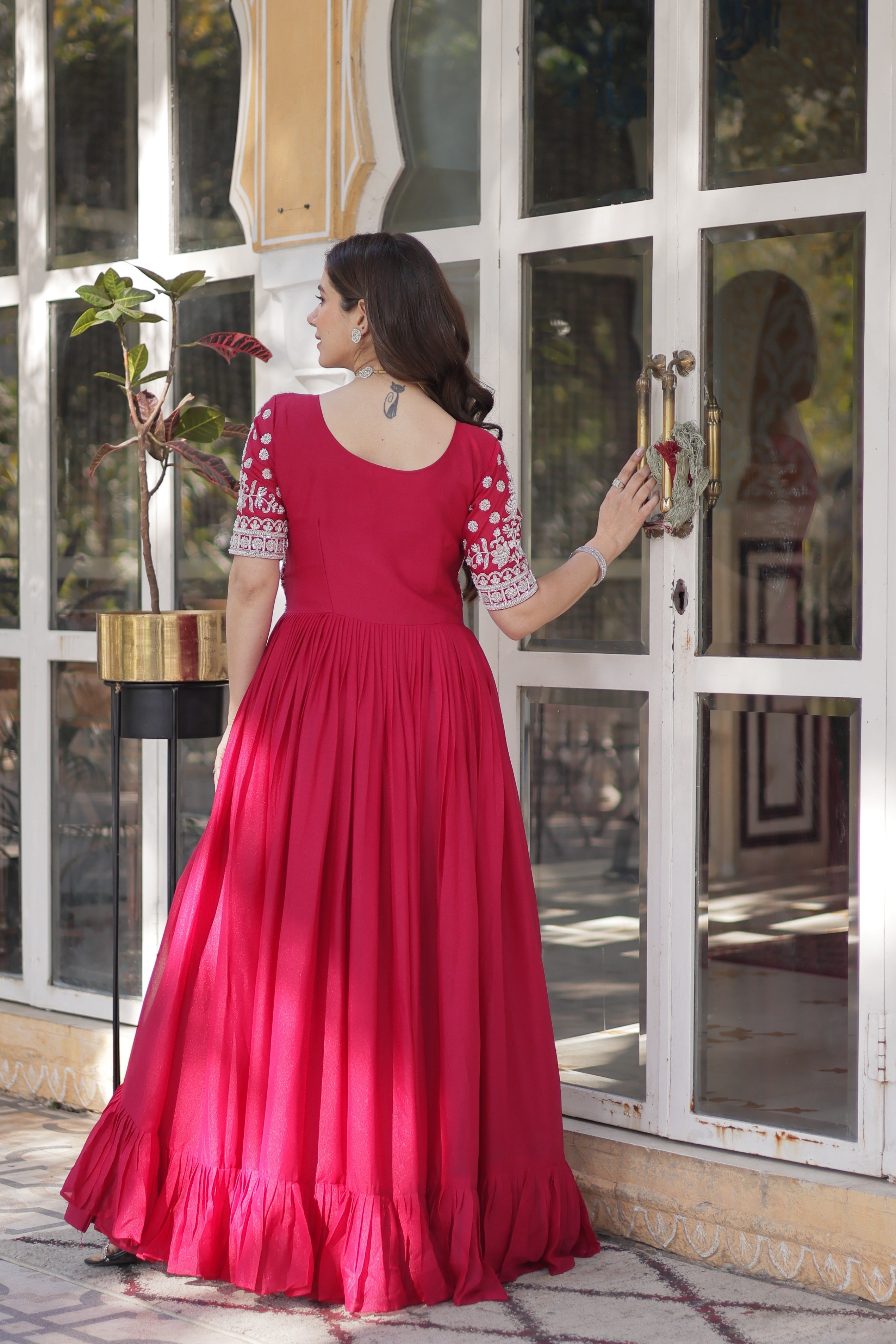 Pink Star Georgette Embroidered Anarkali Set with Center Slit