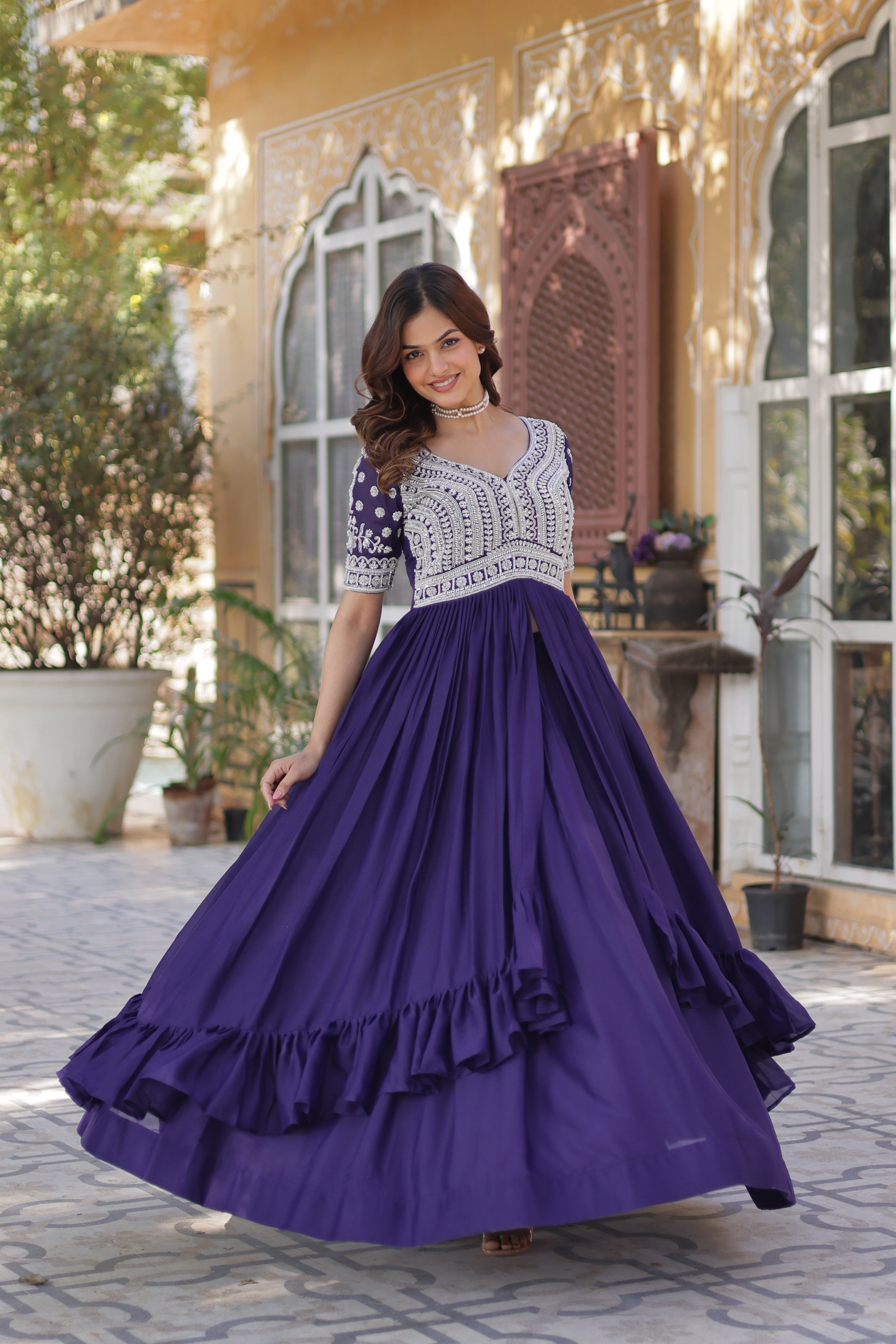 Purple Star Georgette Anarkali Set with Embroidered Sequins Details