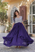 Women's Purple Star Georgette Anarkali set with sequin and bead embroidery, featuring a 3.5m flair and pan neck.