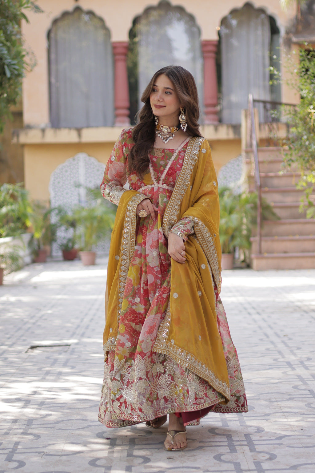 Red Russian Silk Anarkali Set with Foil Print and Sequence Embroidery