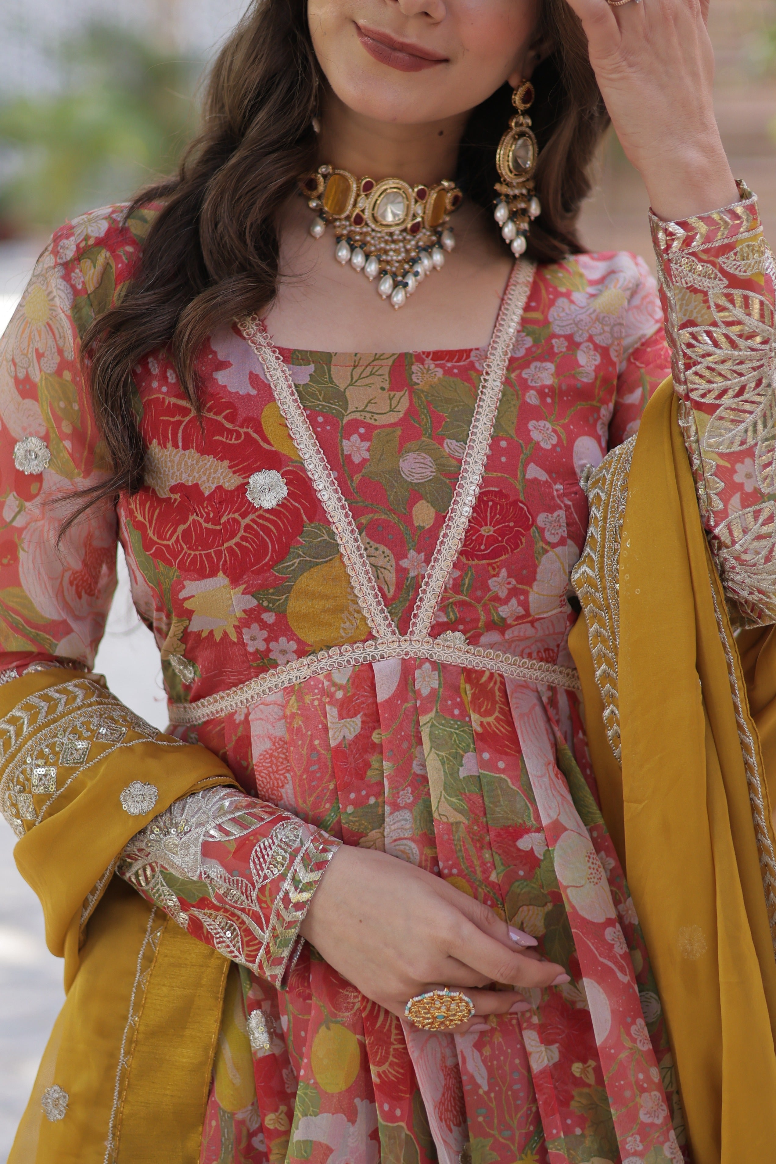 Red Russian Silk Anarkali Set with Foil Print and Sequence Embroidery