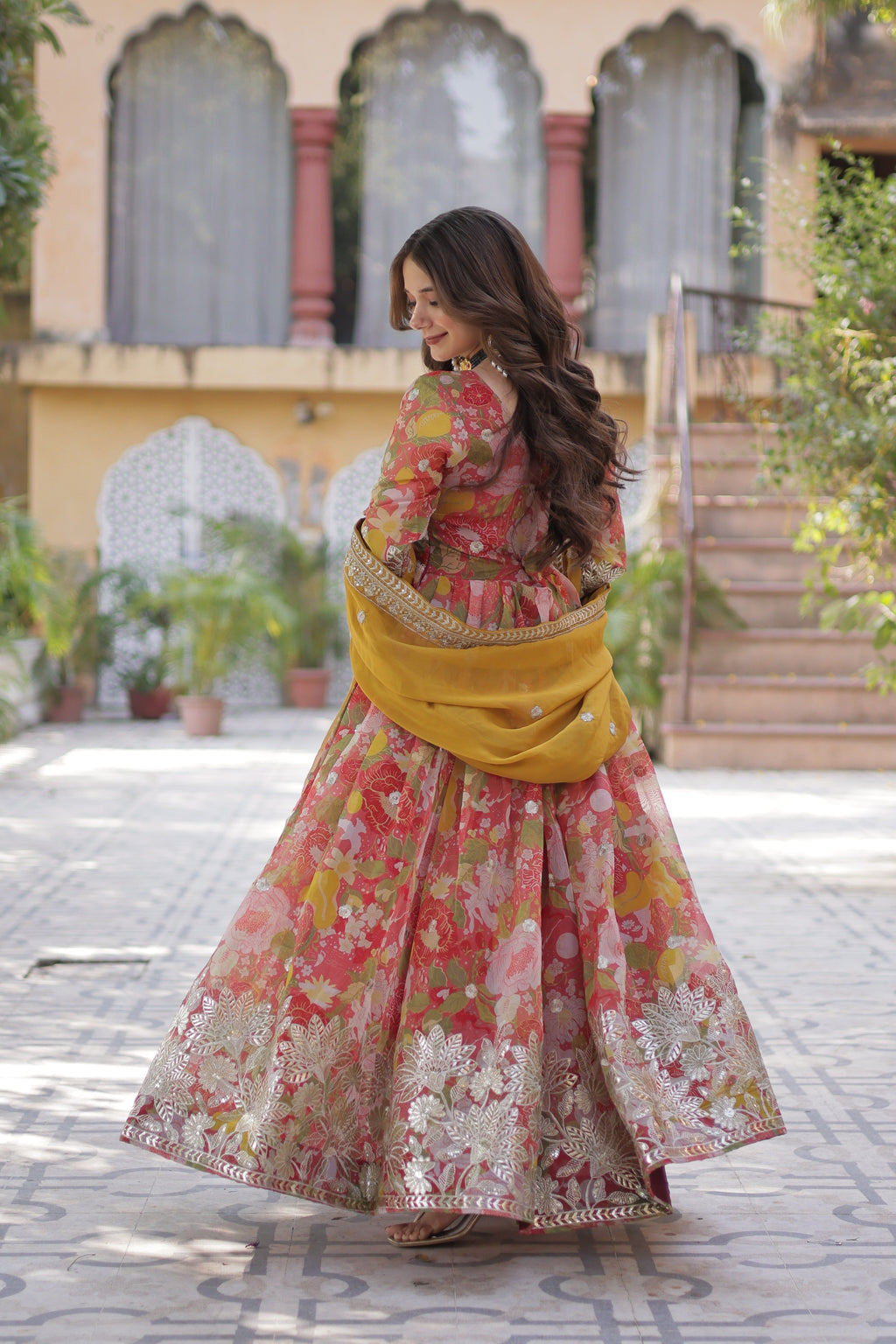 Red Russian Silk Anarkali Set with Foil Print and Sequence Embroidery
