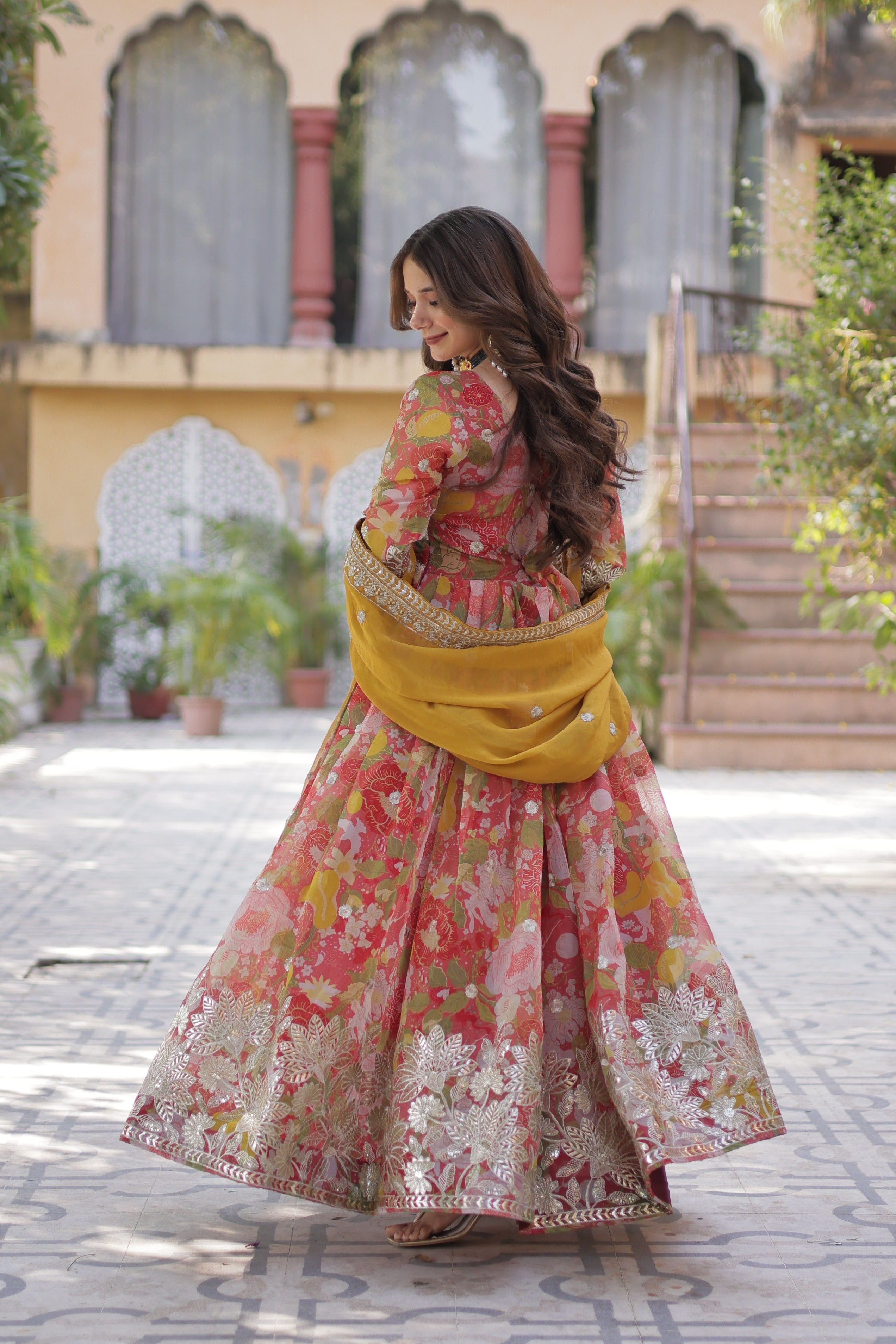 Red Russian Silk Anarkali Set with Foil Print and Sequence Embroidery