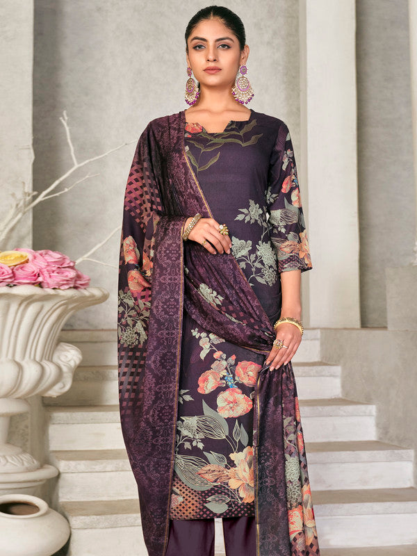 Women's Violet Pashmina Straight Kurta Set with Digital Floral Print